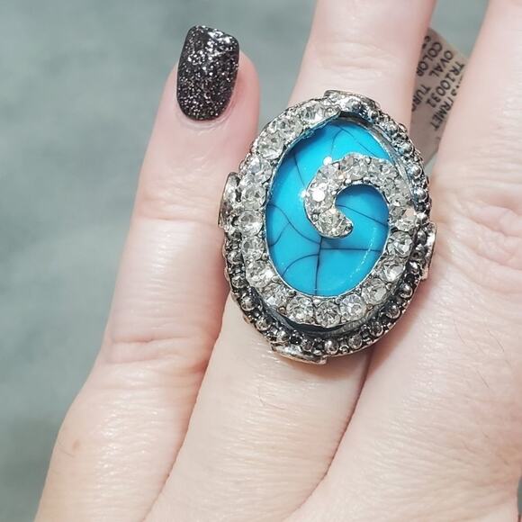 Large faux turquoise Adustable silver Tone ring - Picture 5 of 5